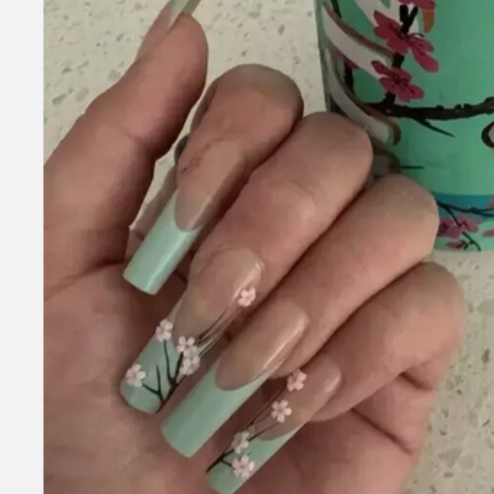 24 Pcs Long Square Cherry Blossom Floral 3D Green French Tip Press On Nails NIB - Picture 7 of 11